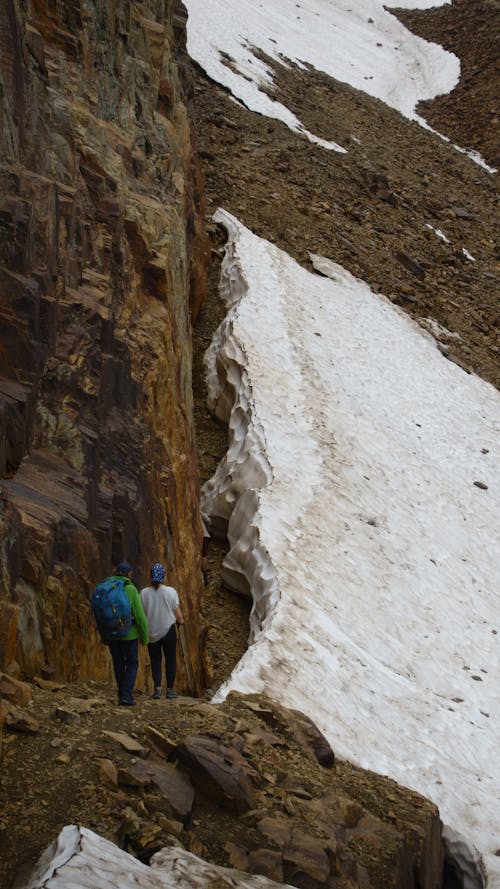 People Hiking in Mountains with a Glacier 