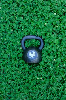 A black kettlebell resting on a vibrant green clover meadow, perfect fitness and nature blend.
