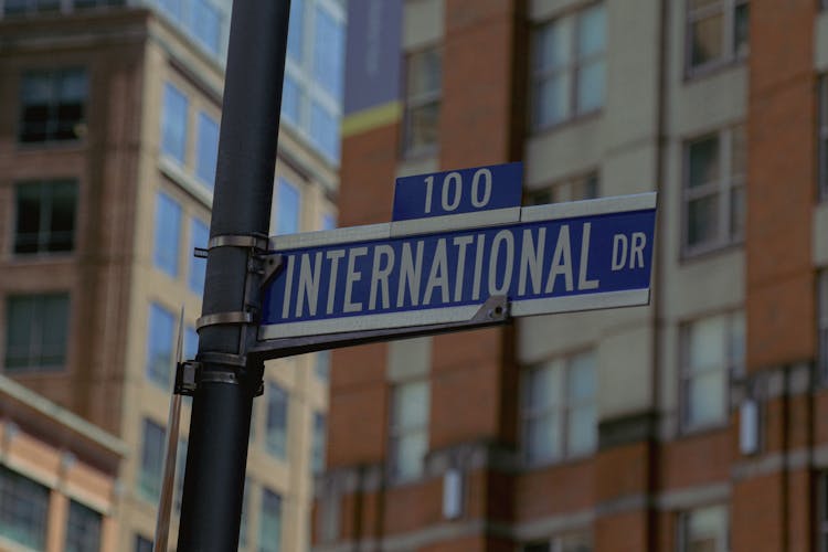 Street Sign Of The 100 International Dr, Baltimore, Maryland, USA