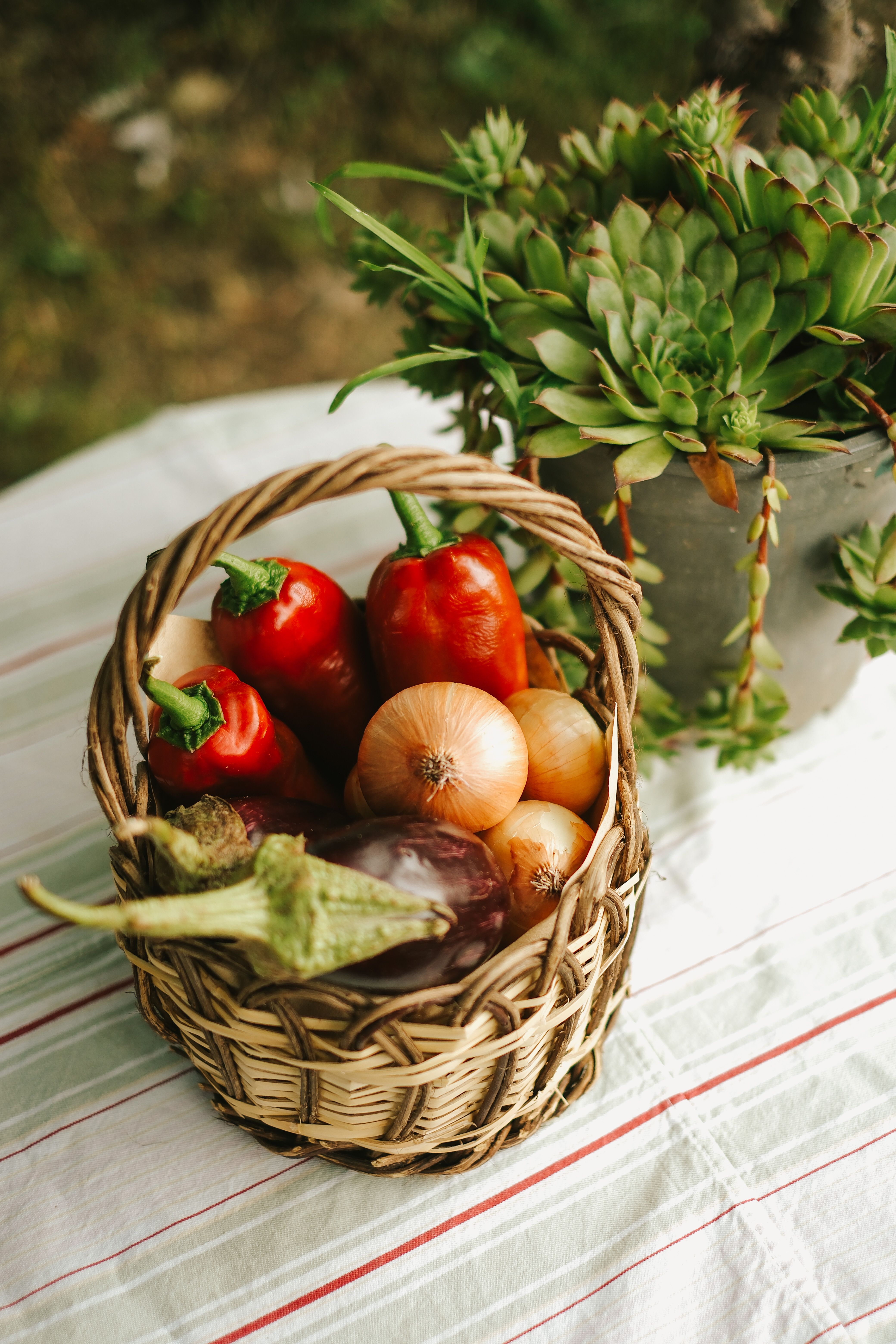 A wicker basket filled with fresh vegetables including tomatoes, onions, and peppers, placed on a table outdoors.