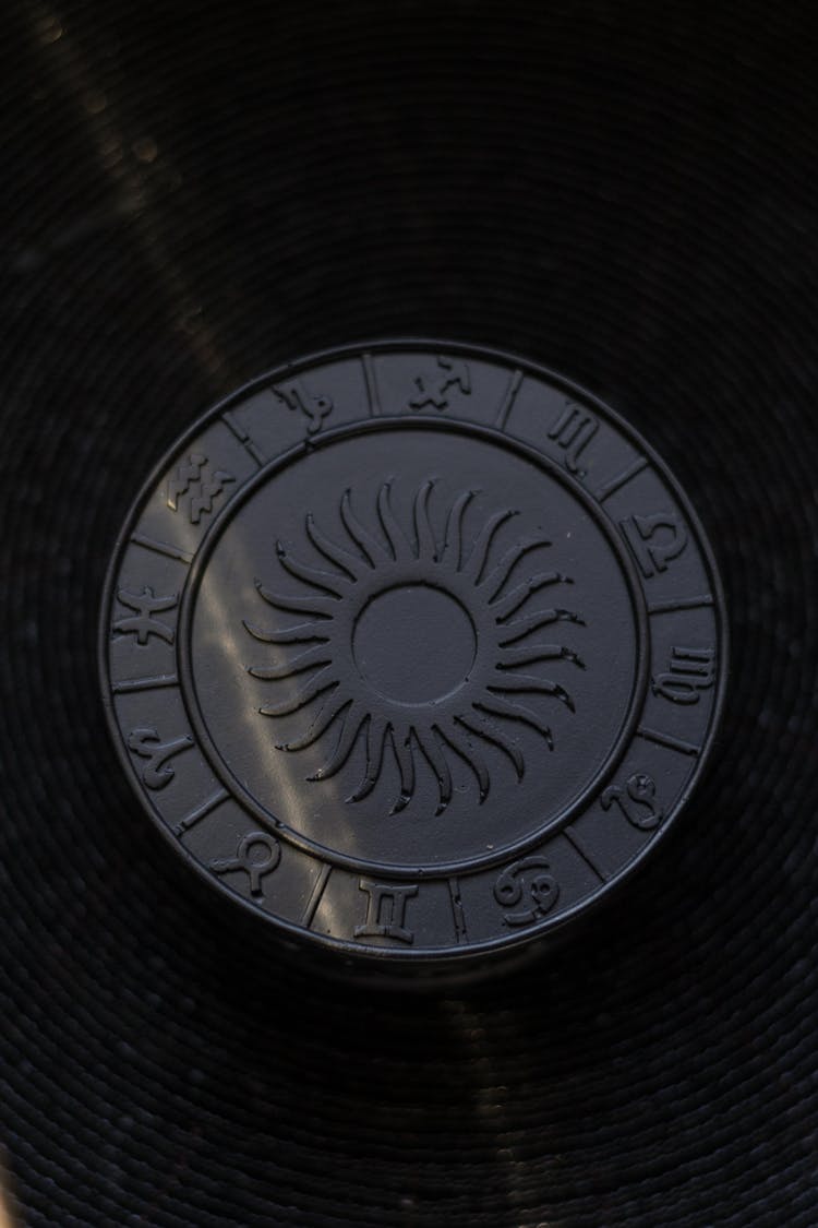 Lid Of A Round Box With Embossed Sun And Zodiac Signs