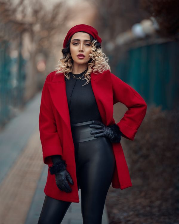 Red wool coat casual city day outfit