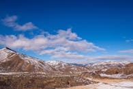 白雪皑皑的山脉，蔚蓝的天空中飘着零散的云层，构成一幅广阔的景观