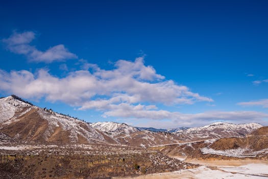 白雪皑皑的山脉，蔚蓝的天空中飘着零散的云层，构成一幅广阔的景观