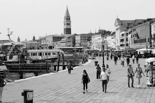 People on Promenade in Venice in Black and White