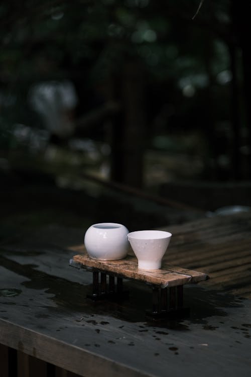 White Porcelain Tea Ceremony Set on a Wooden Tray