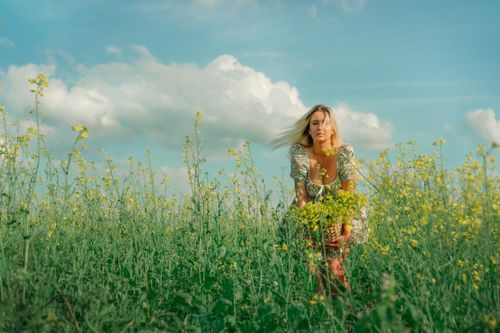 Free Young woman posing in a summer floral field with blue sky. Stock Photo