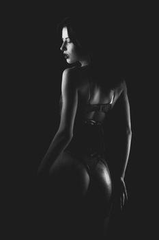Artistic black and white portrait of a woman in elegant lingerie, studio lighting.