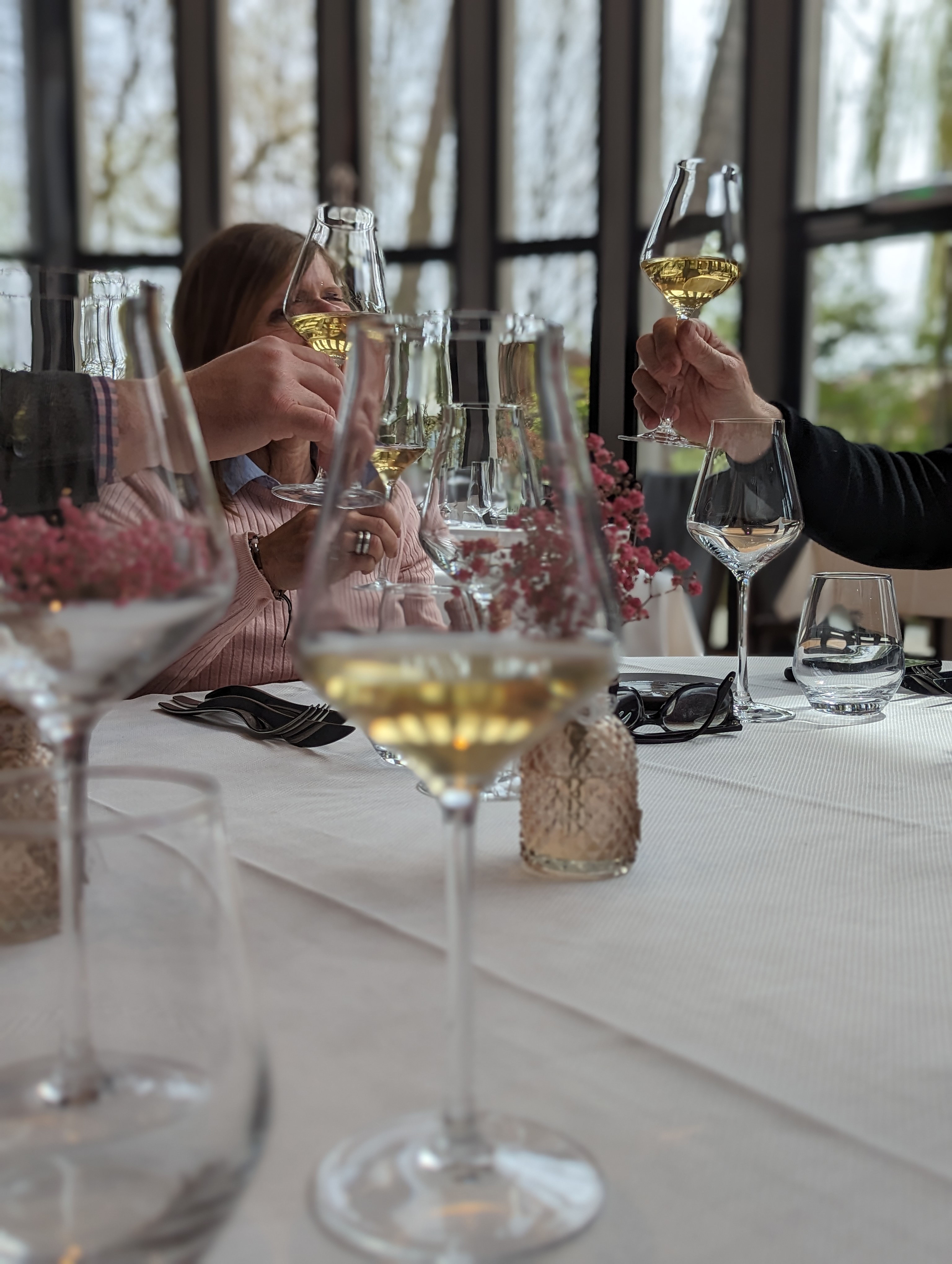 Group celebrating with wine glasses in a bright, elegant indoor setting.