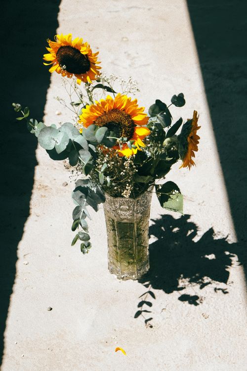 Free A beautiful arrangement of sunflowers and greenery in a glass vase, bathed in sunlight. Stock Photo