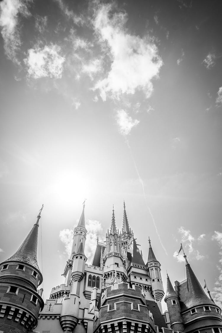 Black And White Photo Of Tokyo Disney Resort Castle Against Clear Sky