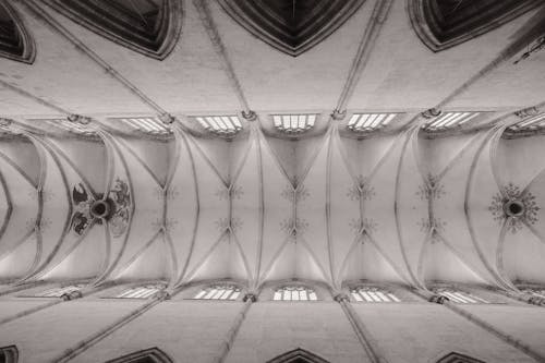 Black and White Photo of a Decorated Vaulted Ceiling of a Church
