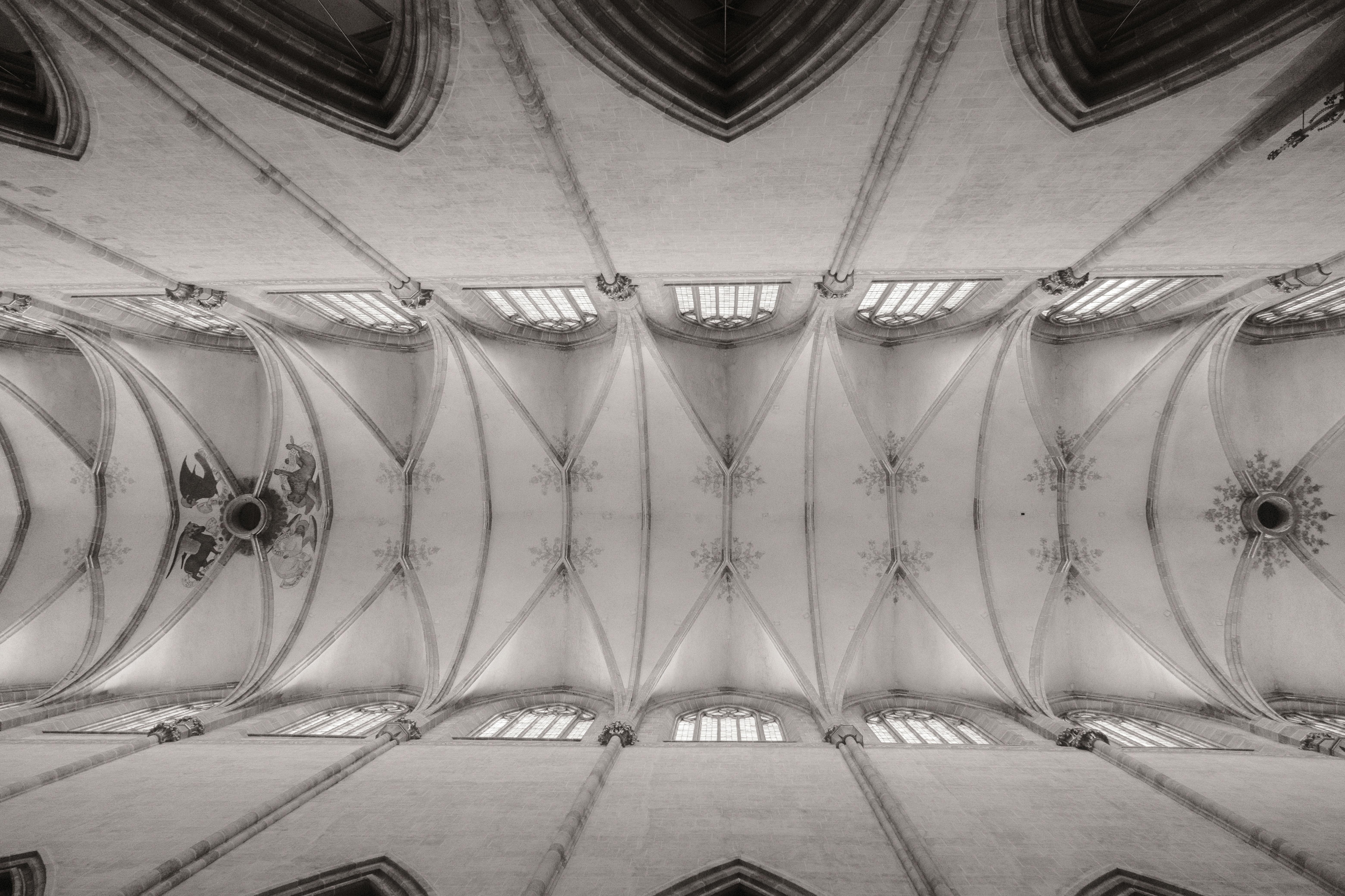 Black and White Photo of a Decorated Vaulted Ceiling of a Church · Free
