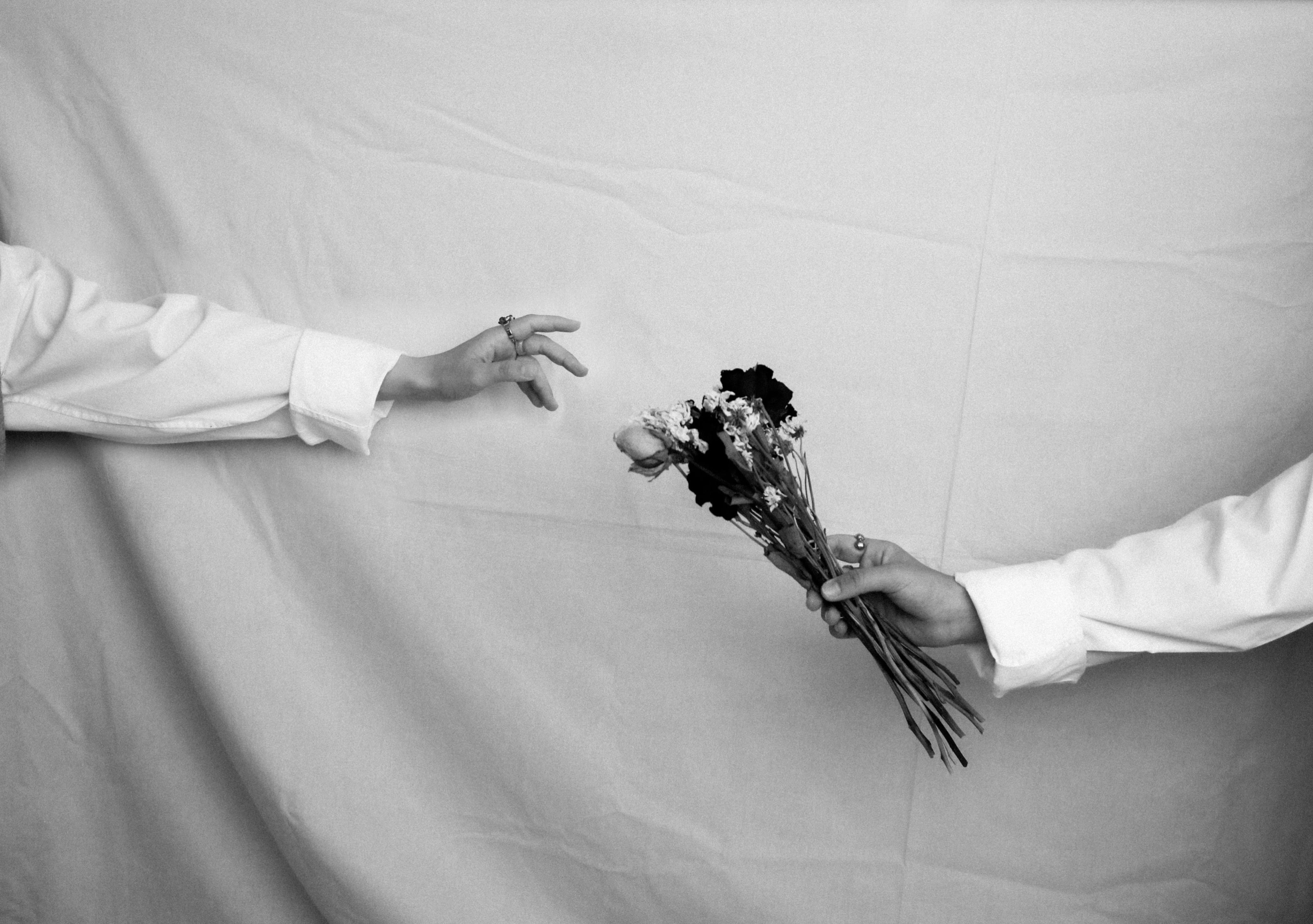 Free A Person Holding a Bunch of Flowers and Another Pearson Reaching Toward It  Stock Photo