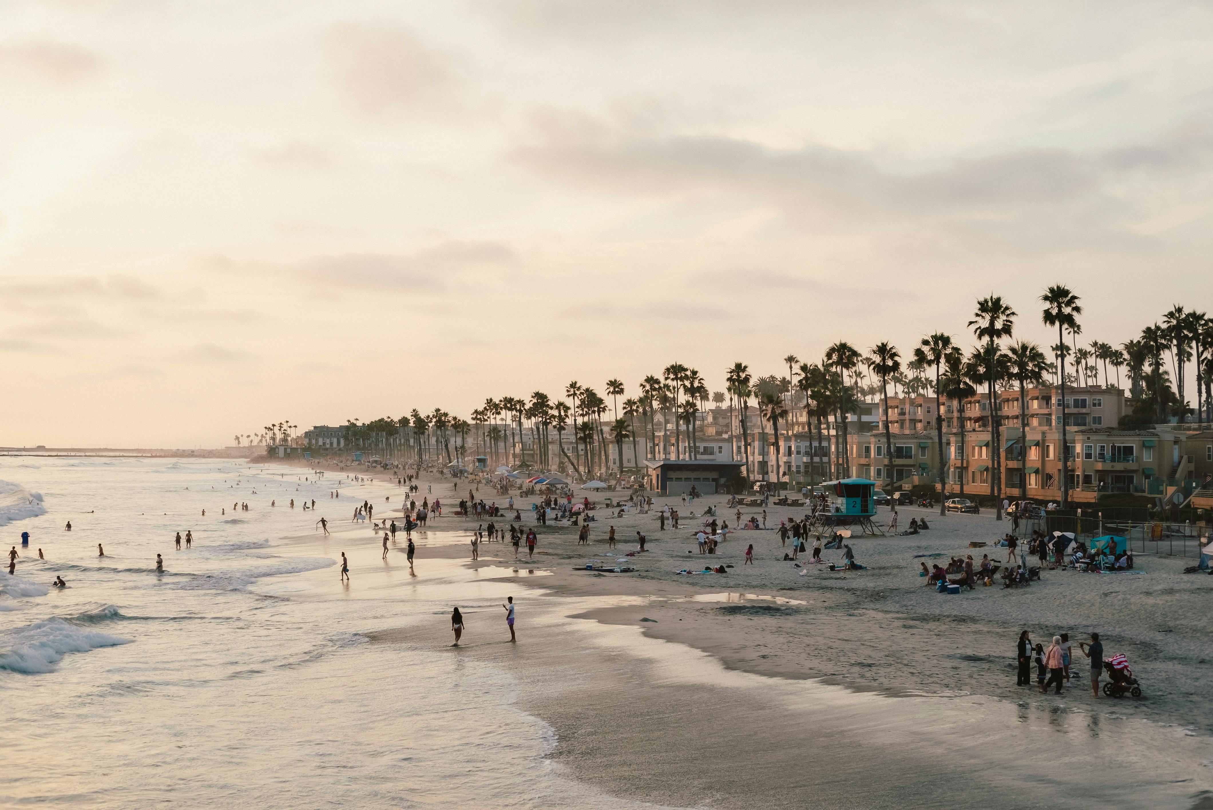 a beach with people walking on it and palm trees