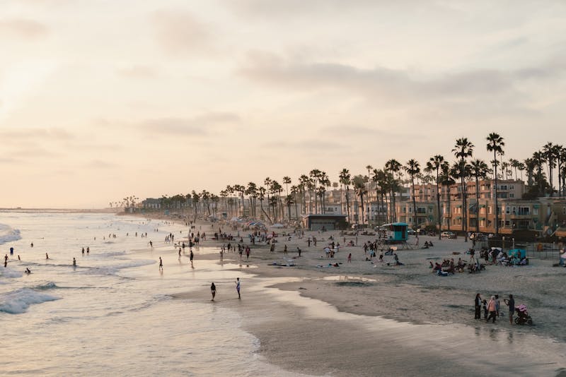 Plage animée en Californie avec des gens et des palmiers au coucher du soleil