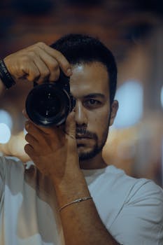Portrait of a young man using a camera indoors with a creative depth of field.