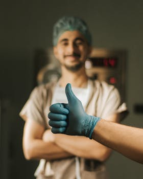 A smiling doctor in hospital scrubs giving a thumbs up, representing positive healthcare.