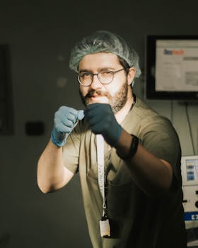 Portrait of a bearded medical professional in surgical attire and gloves, focusing intently.