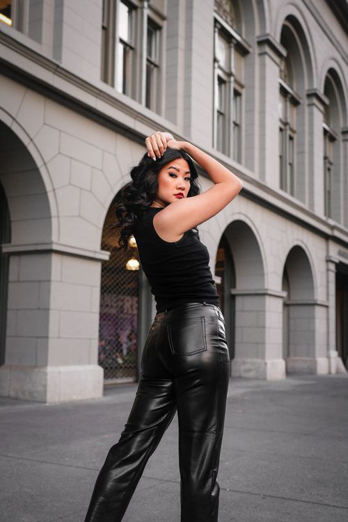 Leather pants with festive blouse holiday outfit