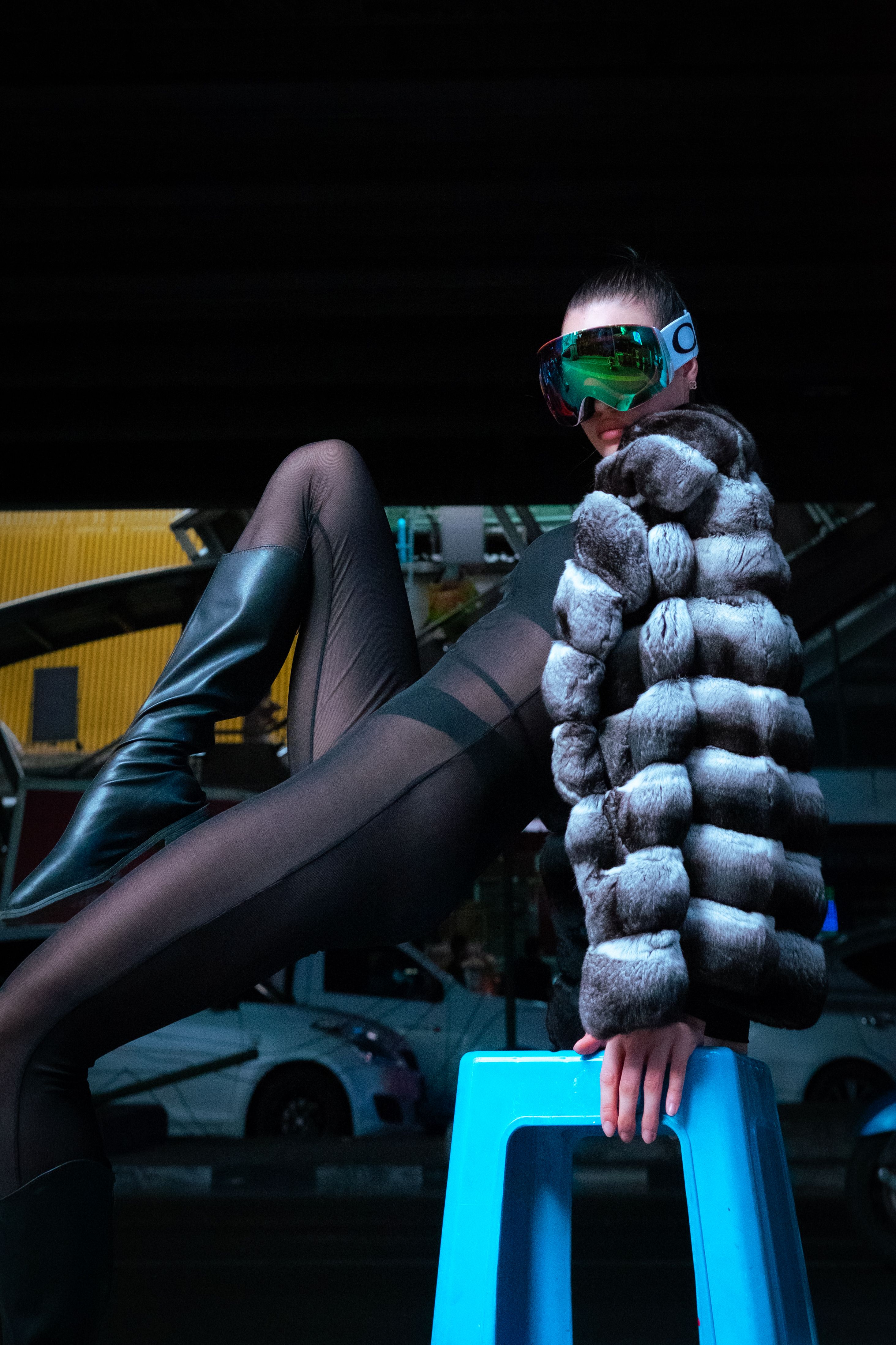 Woman Posing in Fur Jacket and Goggles at Night · Free Stock Photo
