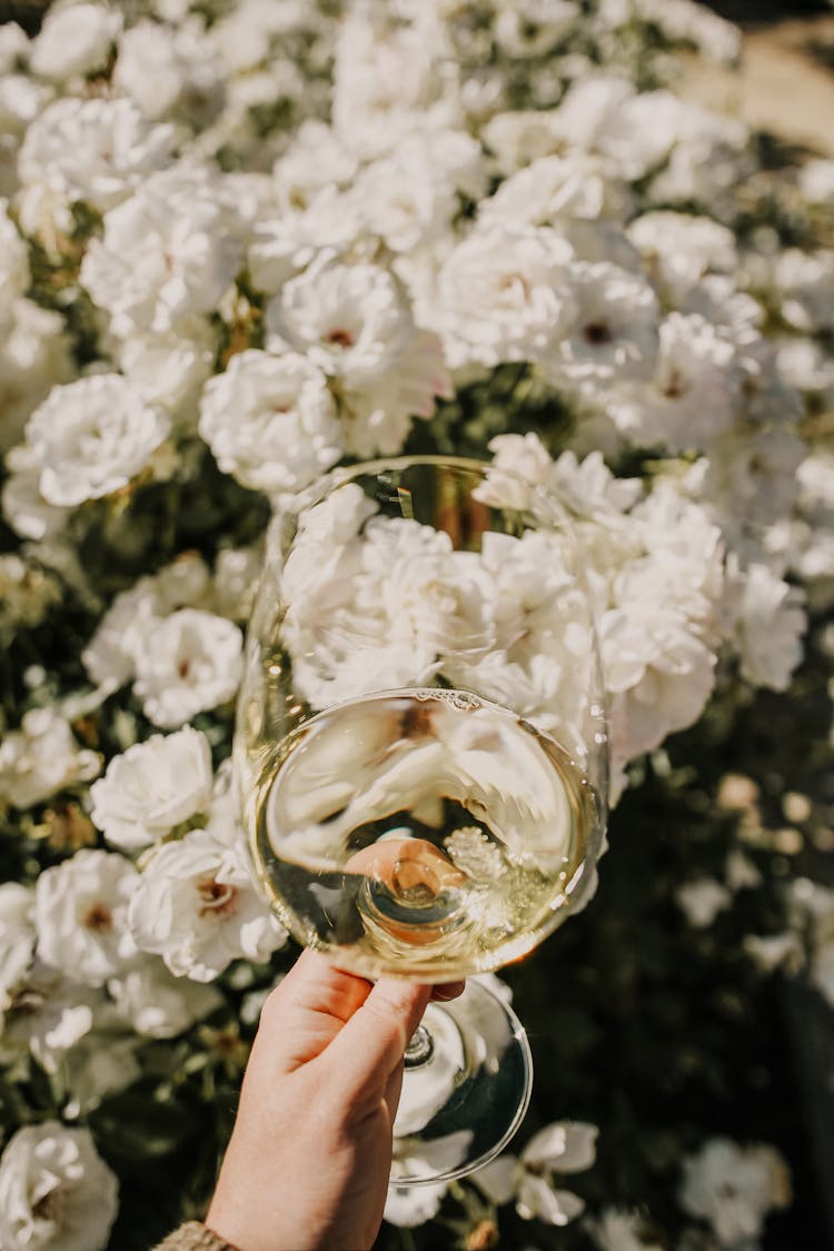 Woman Hand Holding Glass Over Flowers