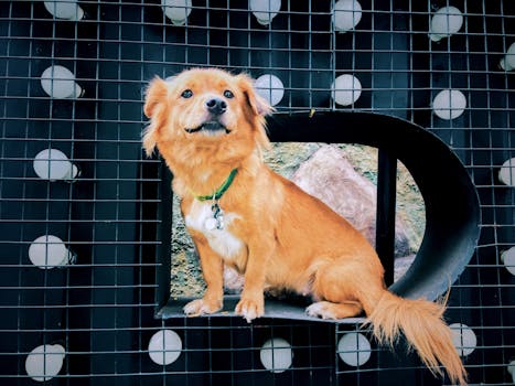 一只戴着绿色项圈的可爱红色小狗，自信地坐在铁丝网背景前，目视前方