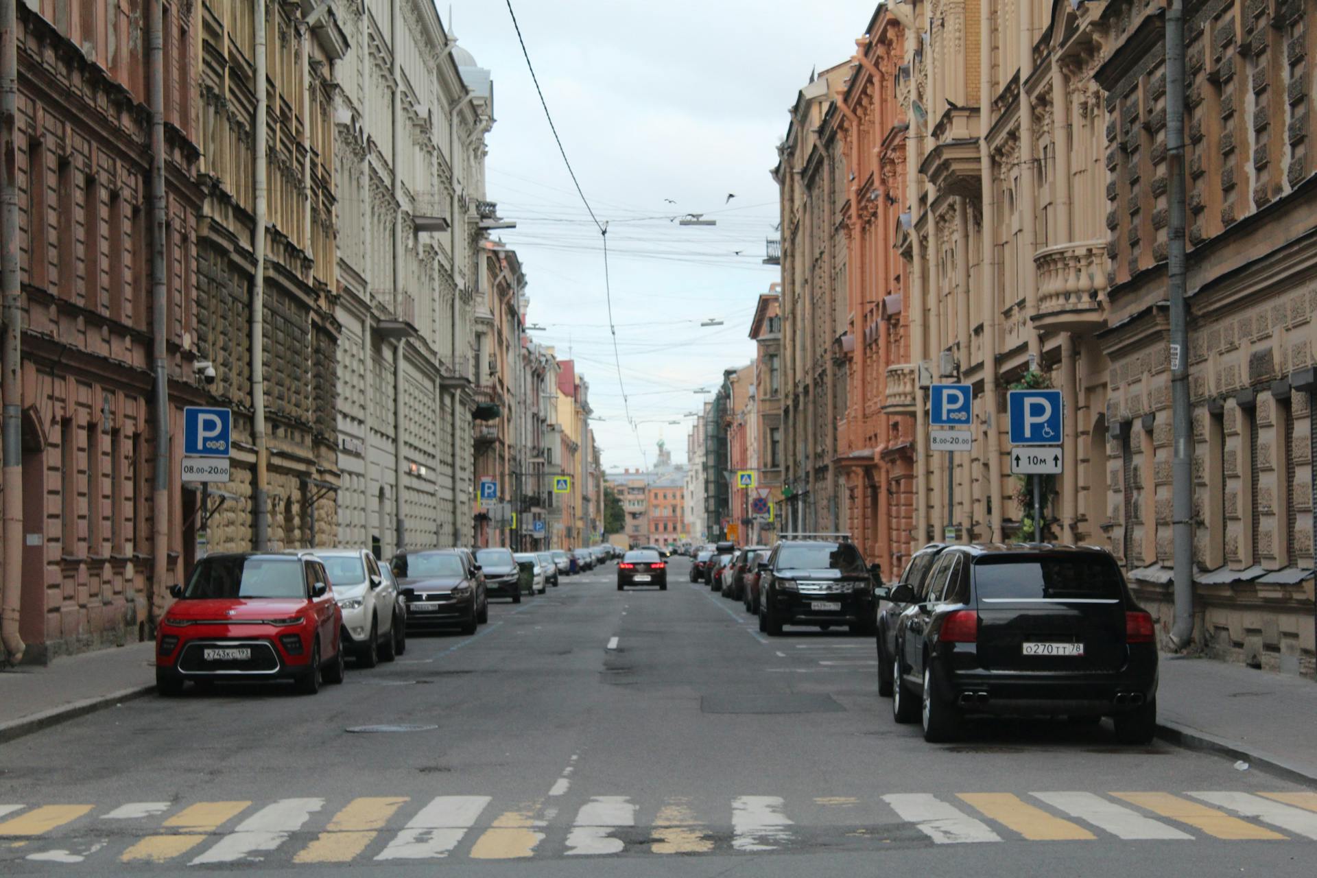 A Street between Traditional Apartment Buildings in City