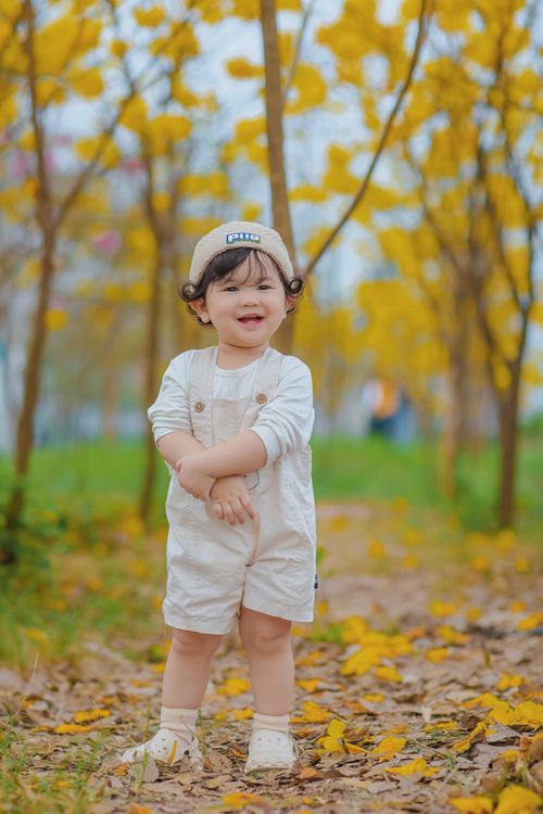 Free An adorable Asian child wearing a hat, standing in an autumn park with yellow leaves, smiling cheerfully. Stock Photo
