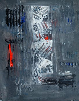 探索这幅抽象表现主义绘画的纹理层次、大胆笔触与活力点缀