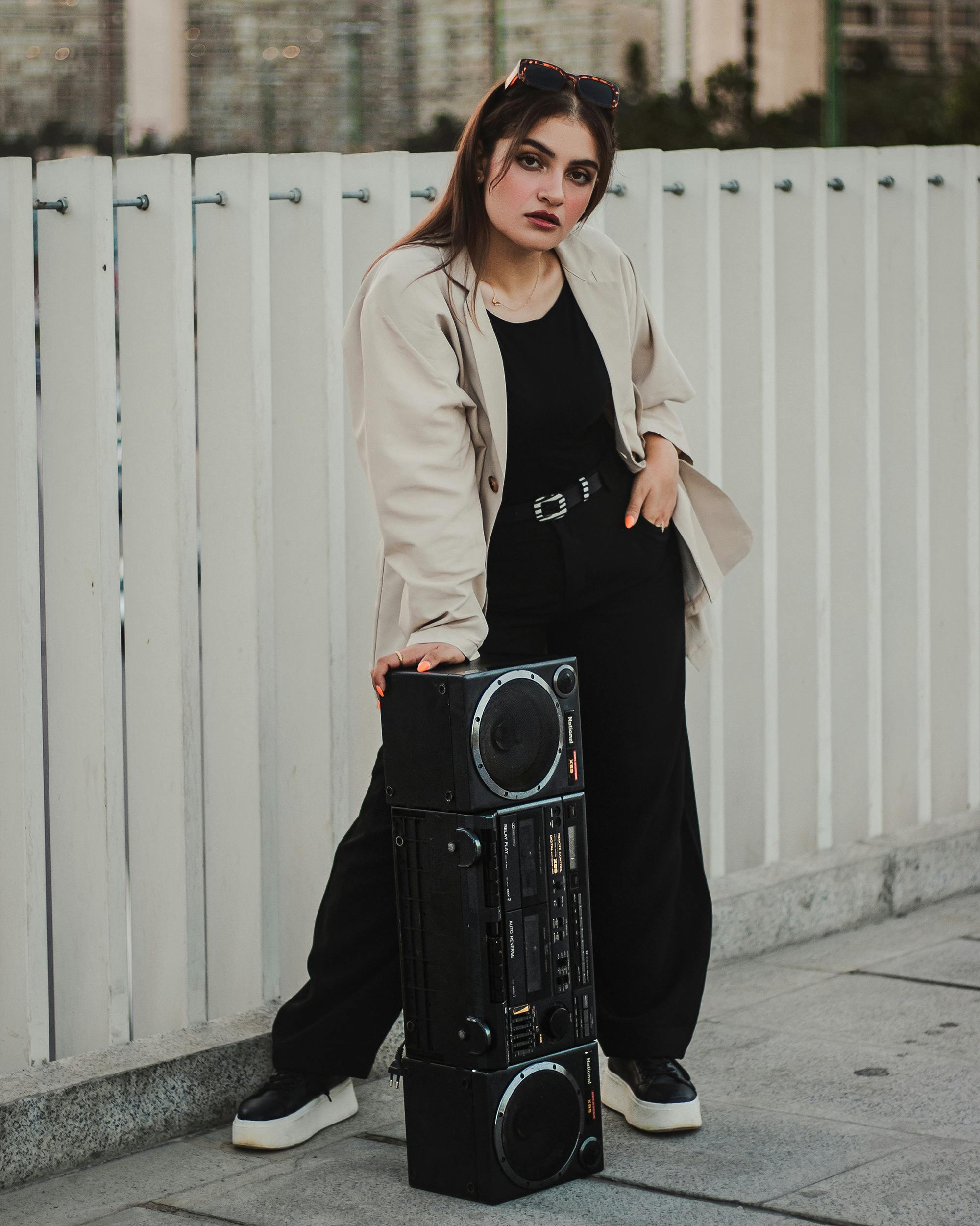Woman in Jacket Posing with Tape Recorder · Free Stock Photo