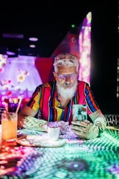 Elderly man enjoys vibrant nightlife, illuminated by neon lights, in a nightclub, using smartphone.