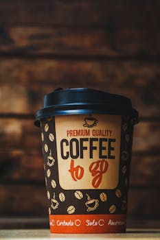 A premium quality coffee to go cup with an artistic design against a warm brown background.