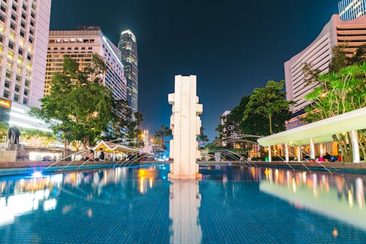 香港九龙的现代城市夜景中，反光喷泉与标志性摩天大楼交相辉映