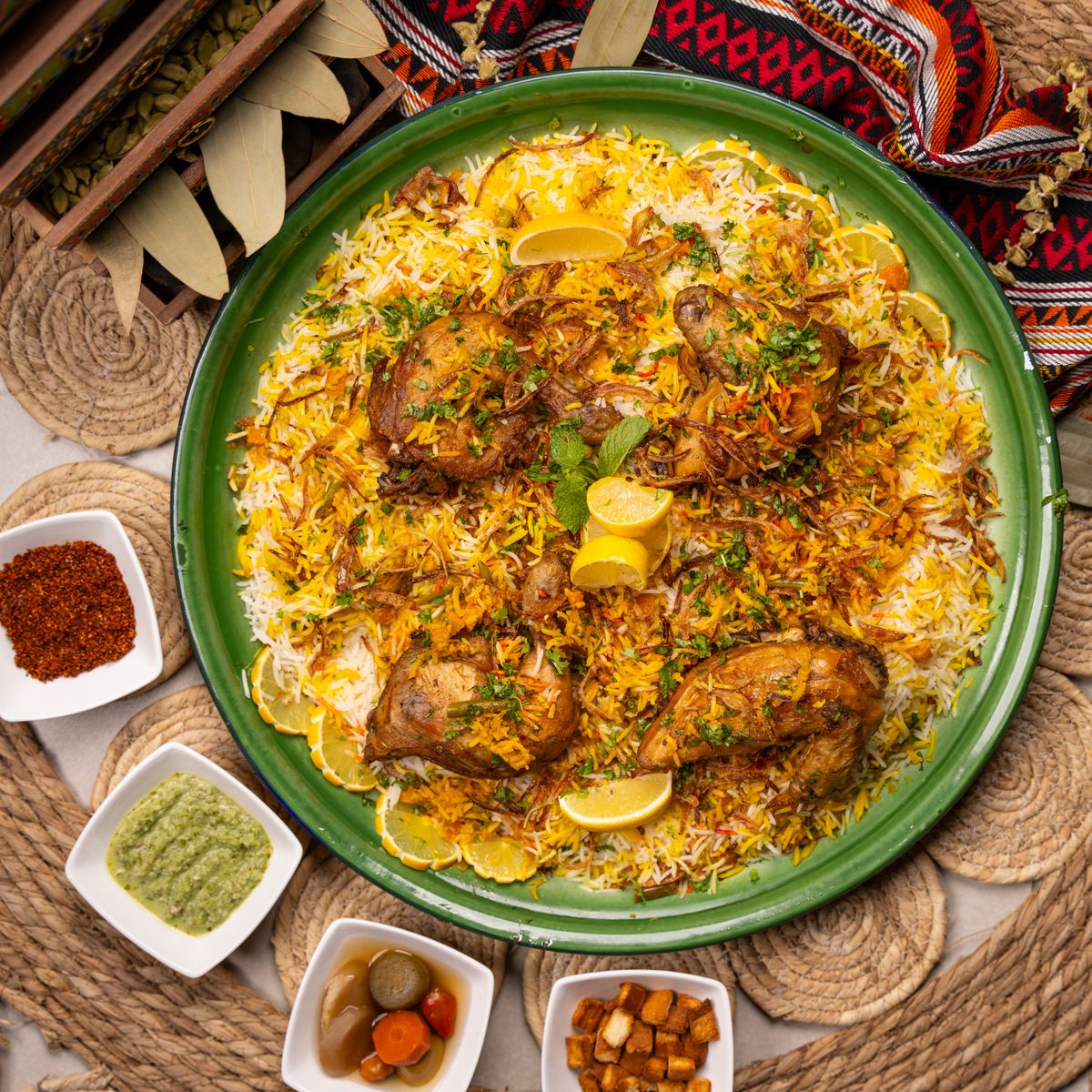 Chicken biryani on a green platter