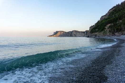 Tranquil evening at a rocky shore with waves and cliffs under a clear sky.