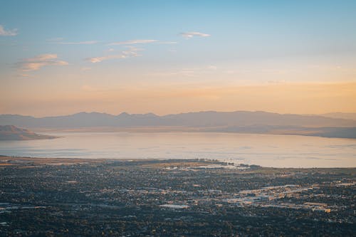 Town and Lake behind at Sunset