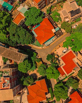 Stunning aerial view of a vibrant residential neighborhood surrounded by lush trees and vibrant rooftops.