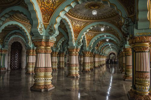 Free Stunning ornate arches and columns inside the historic Mysore Palace in Karnataka, India. Stock Photo