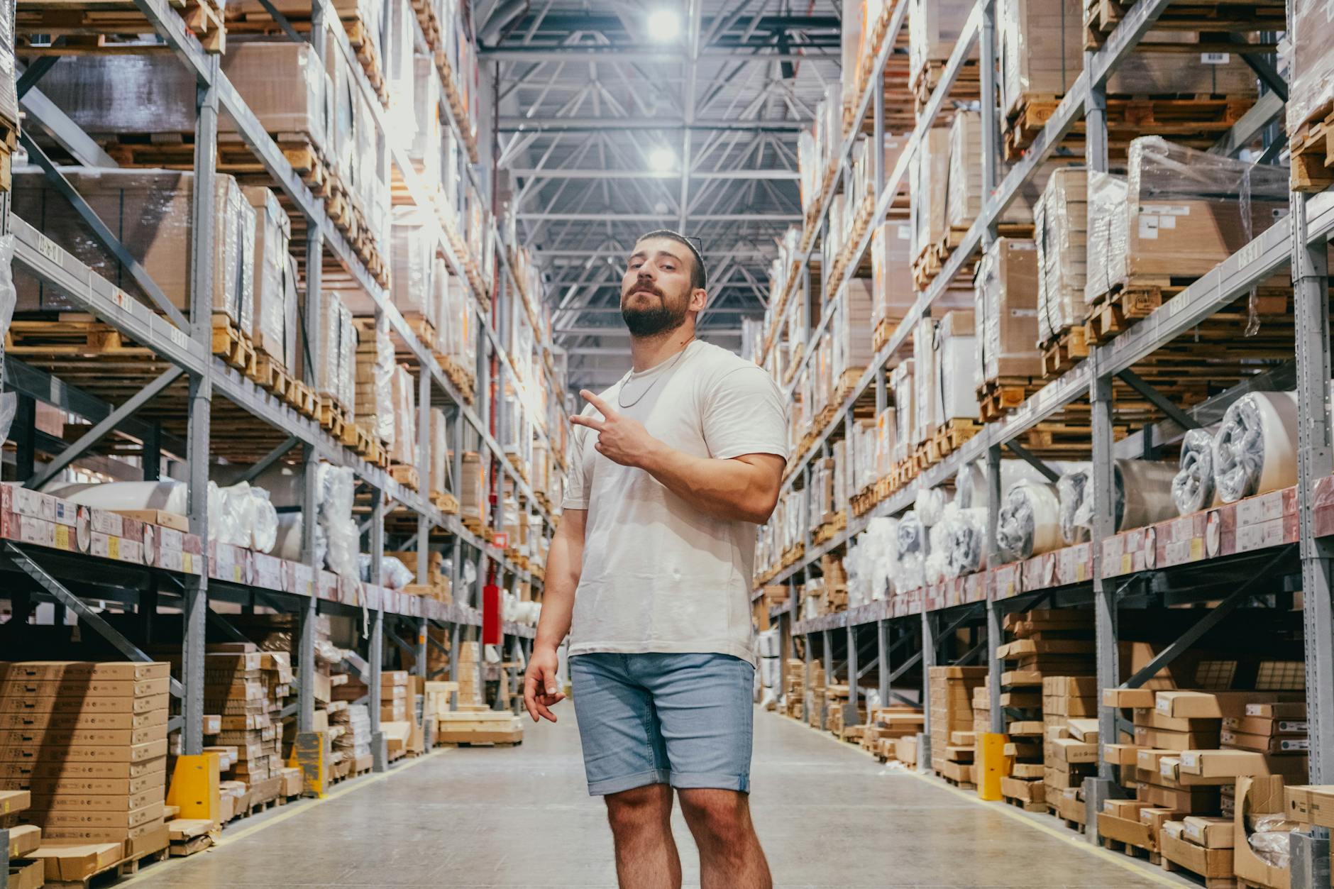 Young man posing in a warehouse aisle surrounded by racks and packages inside a spacious store.