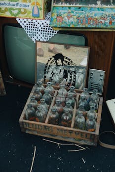 A vintage setup featuring glass bottles in a wooden crate alongside a retro TV set at a flea market.