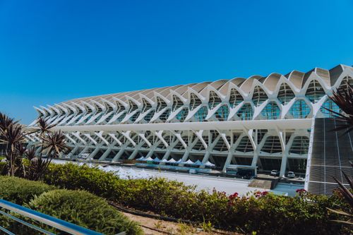 Free Stunning modern architecture of the Science Museum in Valencia, Spain, under a clear blue sky. Stock Photo