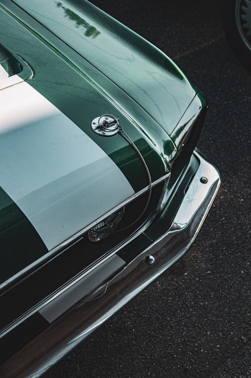 Green and White Hood of Ford Mustang