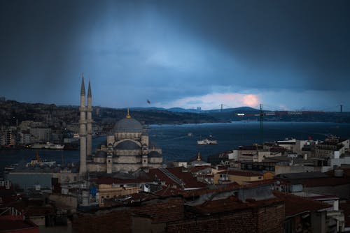 Blue Mosque by Bosporus in Istanbul City Skyline