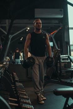 Athletic man lifting dumbbells in a gym, showcasing strength and fitness.