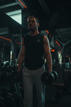 Adult male lifting dumbbells in a gym, showcasing strength and fitness.