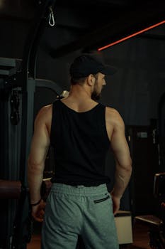 Bodybuilder in a gym wearing a tank top and cap, showcasing muscular build.