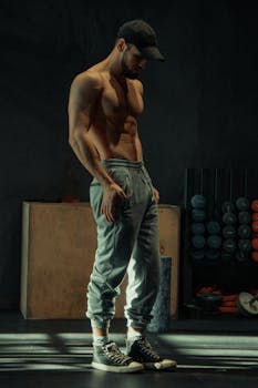 A fit, muscular man stands shirtless in a dimly lit gym, highlighting his defined abs and physique.