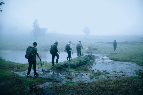 Free A group of hikers trekking through foggy countryside, creating a sense of adventure in misty weather. Stock Photo