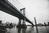 阴天之下，曼哈顿大桥与纽约市天际线构成了一幅景色